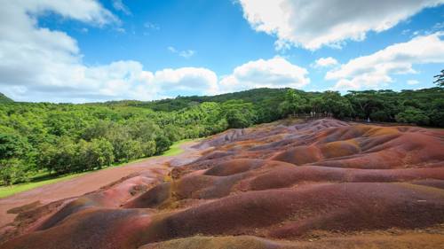 Chamarel Seven Coloured Earth in Mauritius, featuring vibrant multicoloured sand dunes formed by volcanic activity